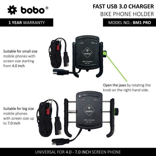 Destination Moto Bobo BM1 Pro Jaw-Grip Bike Phone Holder (with fast USB 3.0 charger, SAE connector & Fast USB Cable) Motorcycle Mobile Mount