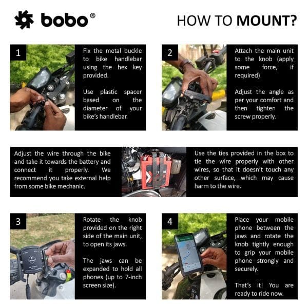 Destination Moto Bobo BM1 Pro Jaw-Grip Bike Phone Holder (with fast USB 3.0 charger, SAE connector & Fast USB Cable) Motorcycle Mobile Mount