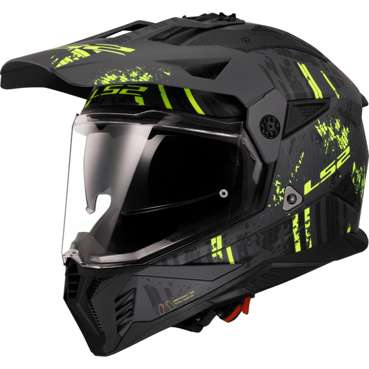 Destination Moto LS2 MX436 PIONEER II CRAZY MATT BLACK HI VIZ YELLOW HELMET